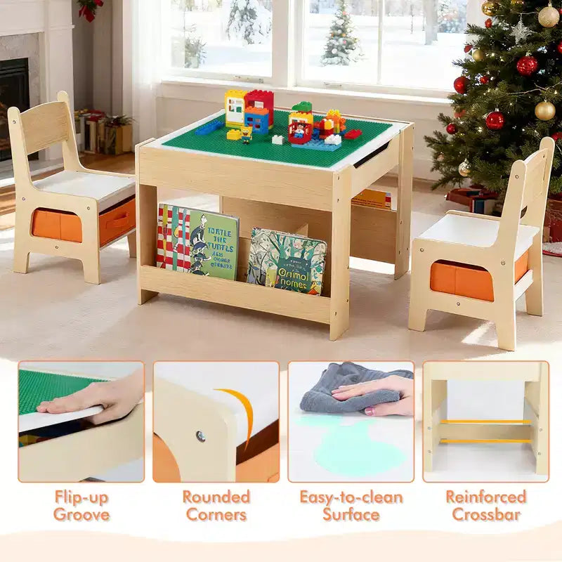 Table et chaises 4 en 1 pour enfants Costway avec plateau réversible graffiti et blocs de construction