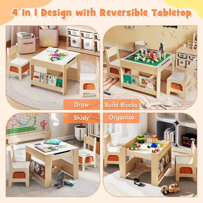 Table et chaises 4 en 1 pour enfants Costway avec plateau réversible graffiti et blocs de construction