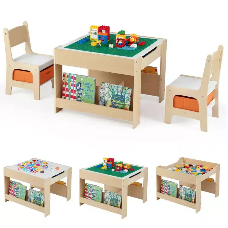 Costway 4 in 1 Kids Table & Chair Set w/Reversible Graffiti & Building Blocks Tabletop