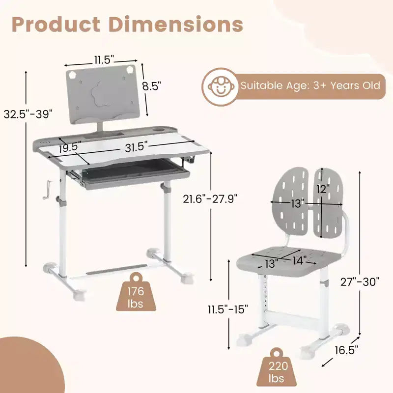 Bureau et chaise d'étude pour enfants Costway avec plateau inclinable, porte-livres et barre repose-pieds pour tout-petits