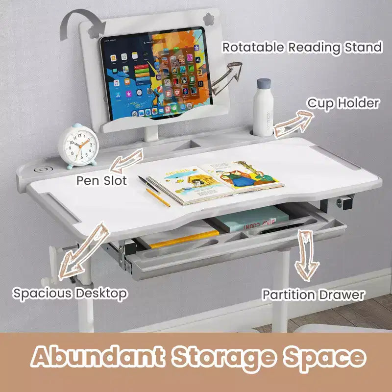 Bureau et chaise d'étude pour enfants Costway avec plateau inclinable, porte-livres et barre repose-pieds pour tout-petits