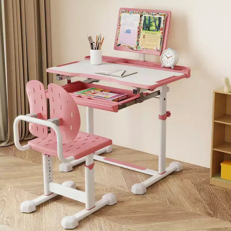 Bureau et chaise d'étude pour enfants Costway avec plateau inclinable, porte-livres et barre repose-pieds pour tout-petits
