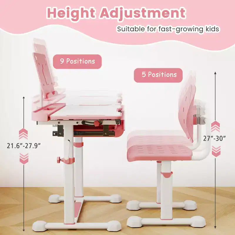 Bureau et chaise d'étude pour enfants Costway avec plateau inclinable, porte-livres et barre repose-pieds pour tout-petits