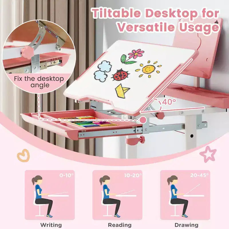 Bureau et chaise d'étude pour enfants Costway avec plateau inclinable, porte-livres et barre repose-pieds pour tout-petits