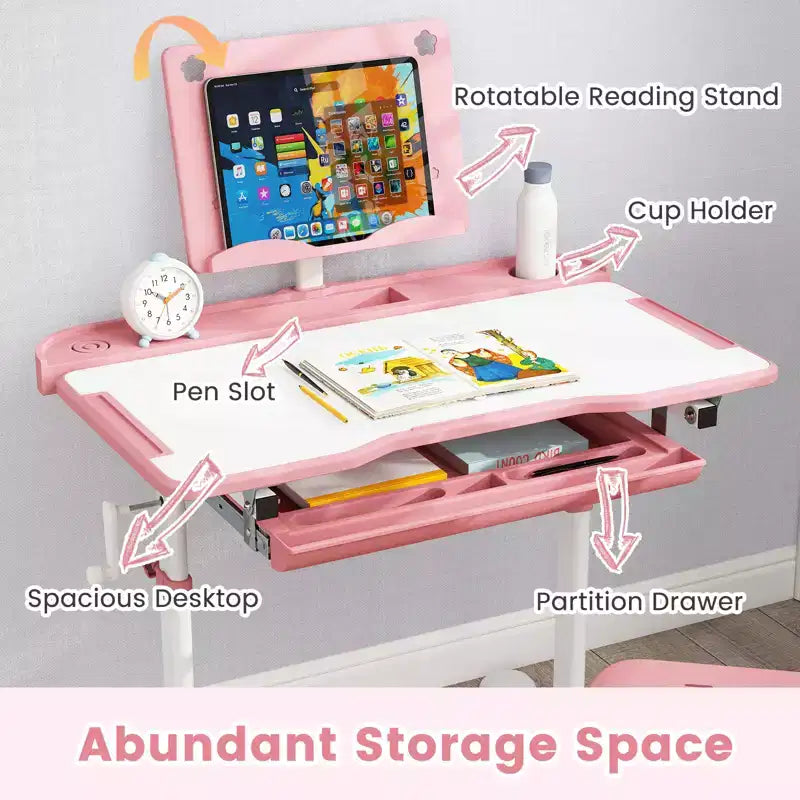 Bureau et chaise d'étude pour enfants Costway avec plateau inclinable, porte-livres et barre repose-pieds pour tout-petits