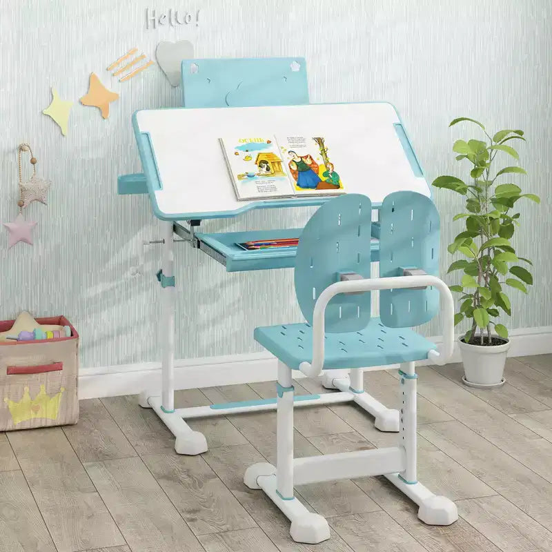 Bureau et chaise d'étude pour enfants Costway avec plateau inclinable, porte-livres et barre repose-pieds pour tout-petits