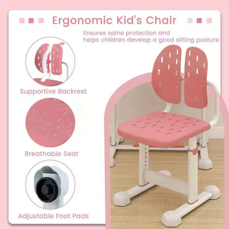 Bureau et chaise d'étude pour enfants Costway avec plateau inclinable, porte-livres et barre repose-pieds pour tout-petits