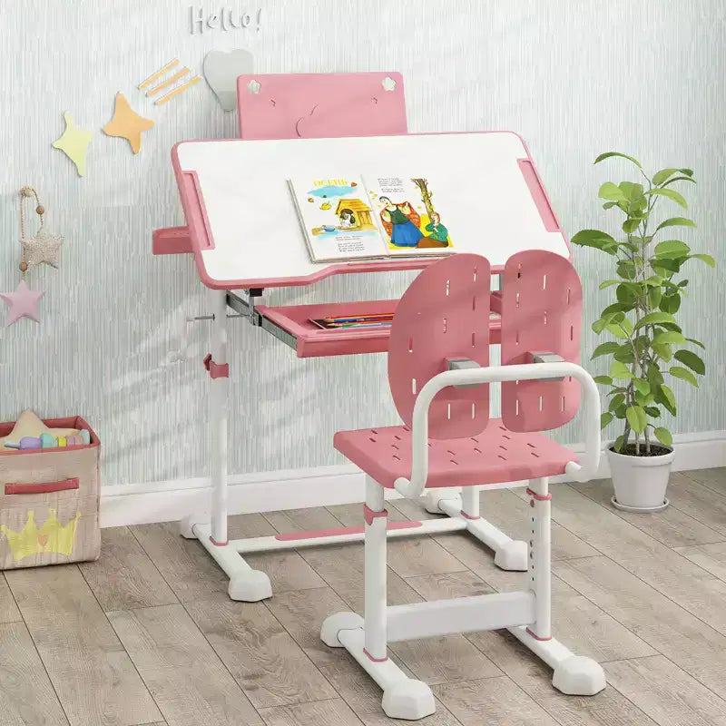 Bureau et chaise d'étude pour enfants Costway avec plateau inclinable, porte-livres et barre repose-pieds pour tout-petits