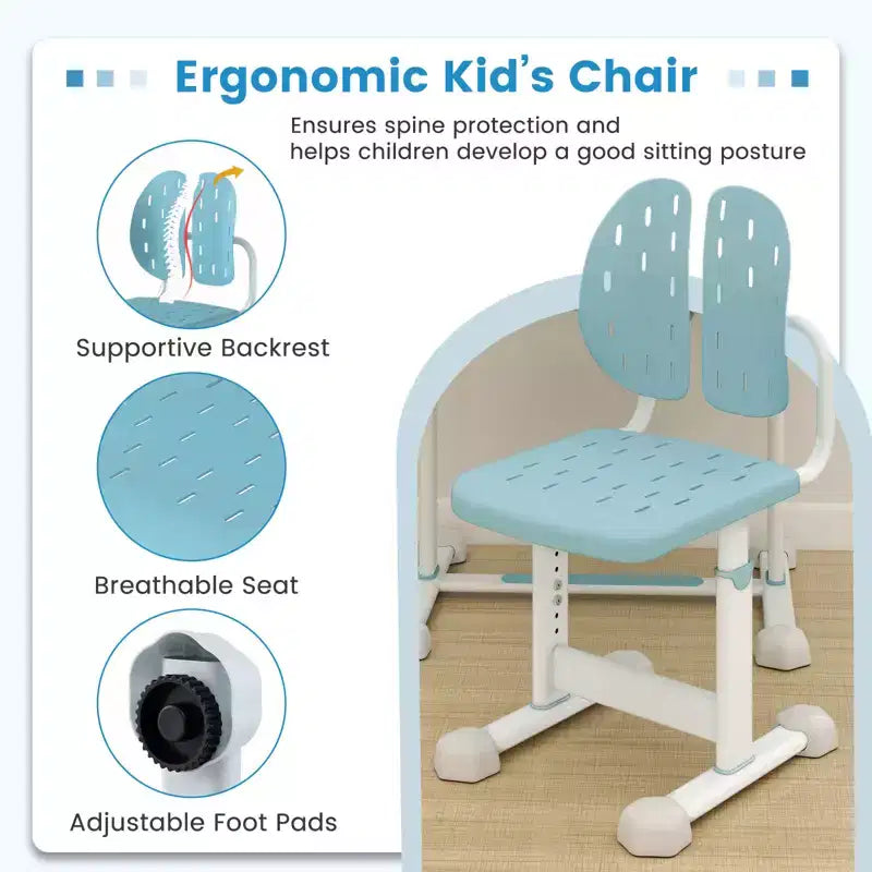 Bureau et chaise d'étude pour enfants Costway avec plateau inclinable, porte-livres et barre repose-pieds pour tout-petits
