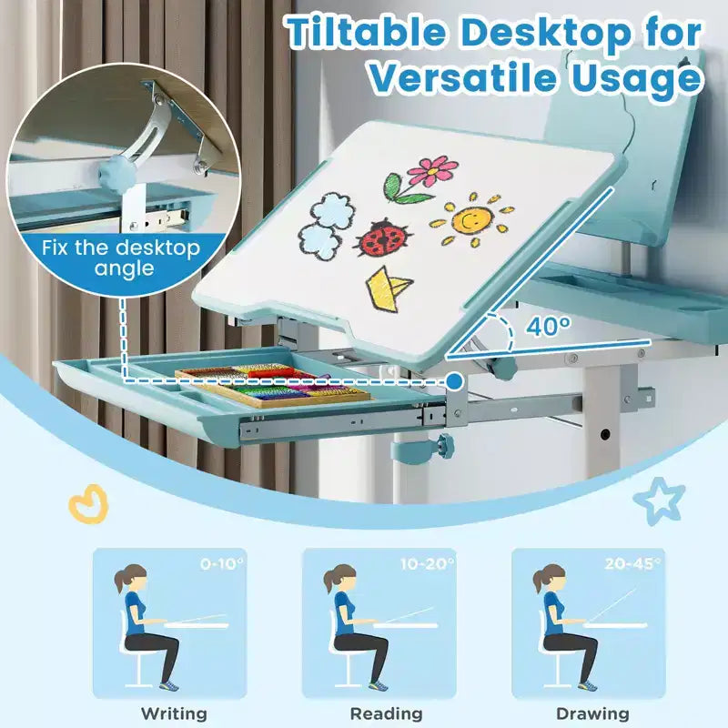 Bureau et chaise d'étude pour enfants Costway avec plateau inclinable, porte-livres et barre repose-pieds pour tout-petits