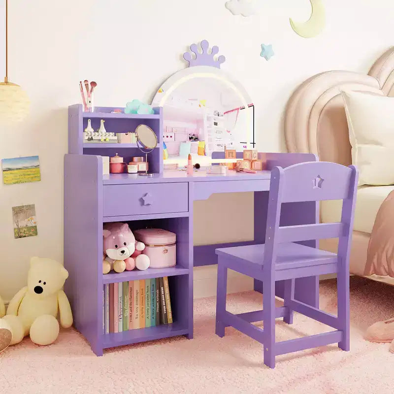 Childrens Lighted Dressing Table Set with Mirror, Kids Vanity Desk with 3 Drawers, Open Shelves & Spacious Tabletop for Bedroom/Playroom, Purple