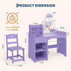Coiffeuse Lumineuse pour Enfants avec Miroir, Meuble de Maquillage pour Enfants avec 3 Tiroirs, Étagères Ouvertes et Plateau Spacieux pour Chambre/Salle de Jeux, Violet
