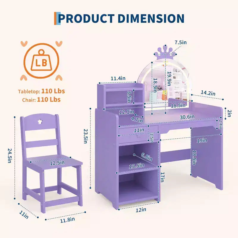 Coiffeuse Lumineuse pour Enfants avec Miroir, Meuble de Maquillage pour Enfants avec 3 Tiroirs, Étagères Ouvertes et Plateau Spacieux pour Chambre/Salle de Jeux, Violet