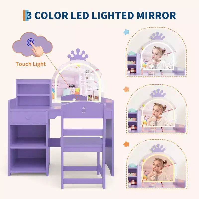 Coiffeuse Lumineuse pour Enfants avec Miroir, Meuble de Maquillage pour Enfants avec 3 Tiroirs, Étagères Ouvertes et Plateau Spacieux pour Chambre/Salle de Jeux, Violet
