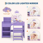Coiffeuse Lumineuse pour Enfants avec Miroir, Meuble de Maquillage pour Enfants avec 3 Tiroirs, Étagères Ouvertes et Plateau Spacieux pour Chambre/Salle de Jeux, Violet