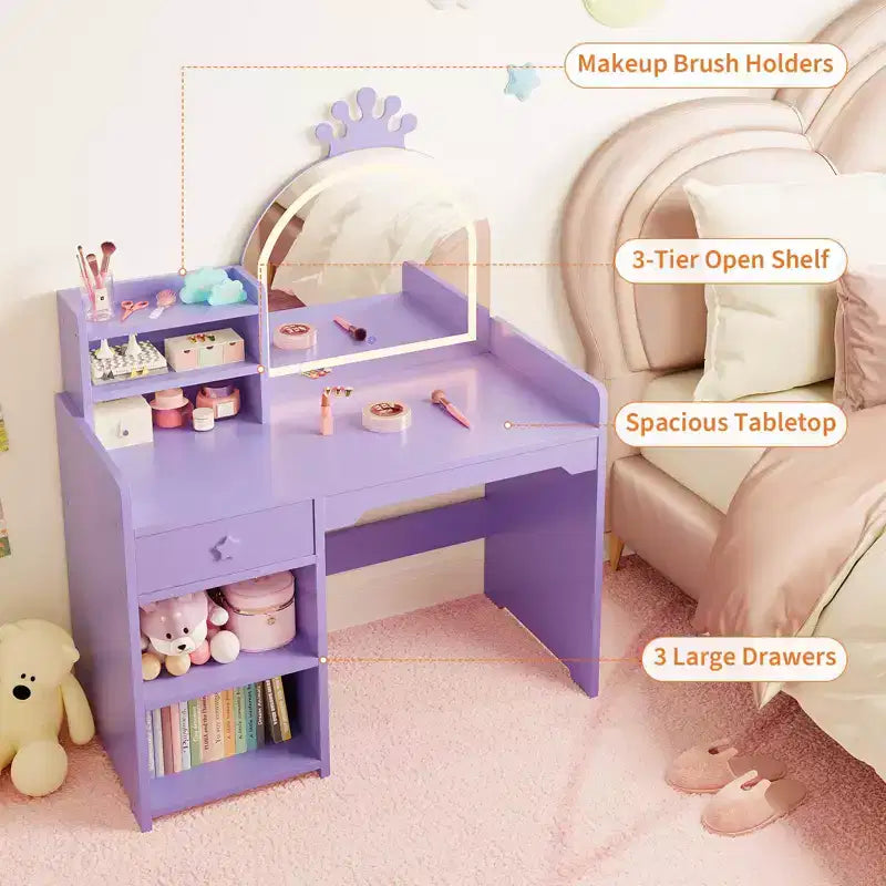 Coiffeuse Lumineuse pour Enfants avec Miroir, Meuble de Maquillage pour Enfants avec 3 Tiroirs, Étagères Ouvertes et Plateau Spacieux pour Chambre/Salle de Jeux, Violet