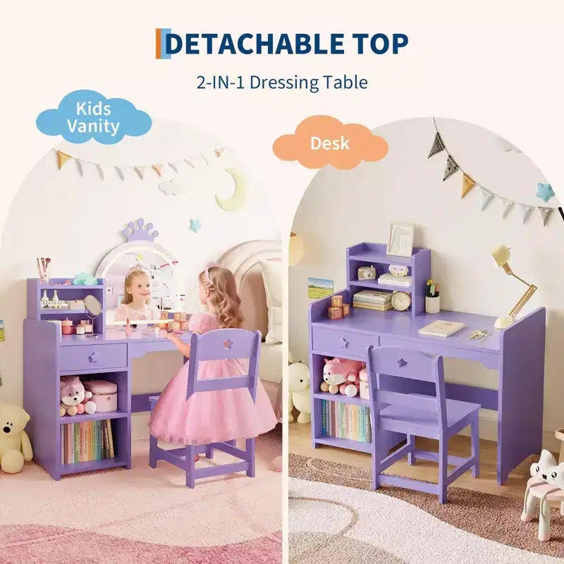 Coiffeuse Lumineuse pour Enfants avec Miroir, Meuble de Maquillage pour Enfants avec 3 Tiroirs, Étagères Ouvertes et Plateau Spacieux pour Chambre/Salle de Jeux, Violet