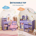 Coiffeuse Lumineuse pour Enfants avec Miroir, Meuble de Maquillage pour Enfants avec 3 Tiroirs, Étagères Ouvertes et Plateau Spacieux pour Chambre/Salle de Jeux, Violet