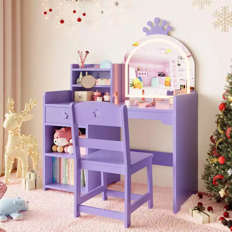 Coiffeuse Lumineuse pour Enfants avec Miroir, Meuble de Maquillage pour Enfants avec 3 Tiroirs, Étagères Ouvertes et Plateau Spacieux pour Chambre/Salle de Jeux, Violet