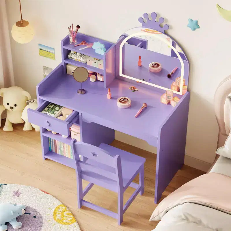 Coiffeuse Lumineuse pour Enfants avec Miroir, Meuble de Maquillage pour Enfants avec 3 Tiroirs, Étagères Ouvertes et Plateau Spacieux pour Chambre/Salle de Jeux, Violet