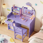 Coiffeuse Lumineuse pour Enfants avec Miroir, Meuble de Maquillage pour Enfants avec 3 Tiroirs, Étagères Ouvertes et Plateau Spacieux pour Chambre/Salle de Jeux, Violet
