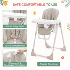 Chaises hautes Easy Clean pour bébés avec hauteur réglable, 5 positions d'inclinaison, double plateau amovible et harnais à 5 points