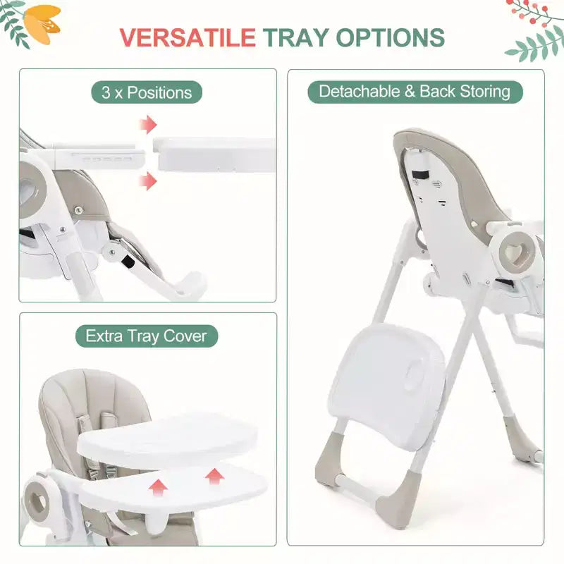 Chaises hautes Easy Clean pour bébés avec hauteur réglable, 5 positions d'inclinaison, double plateau amovible et harnais à 5 points