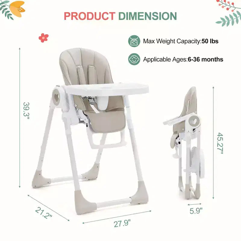 Chaises hautes Easy Clean pour bébés avec hauteur réglable, 5 positions d'inclinaison, double plateau amovible et harnais à 5 points