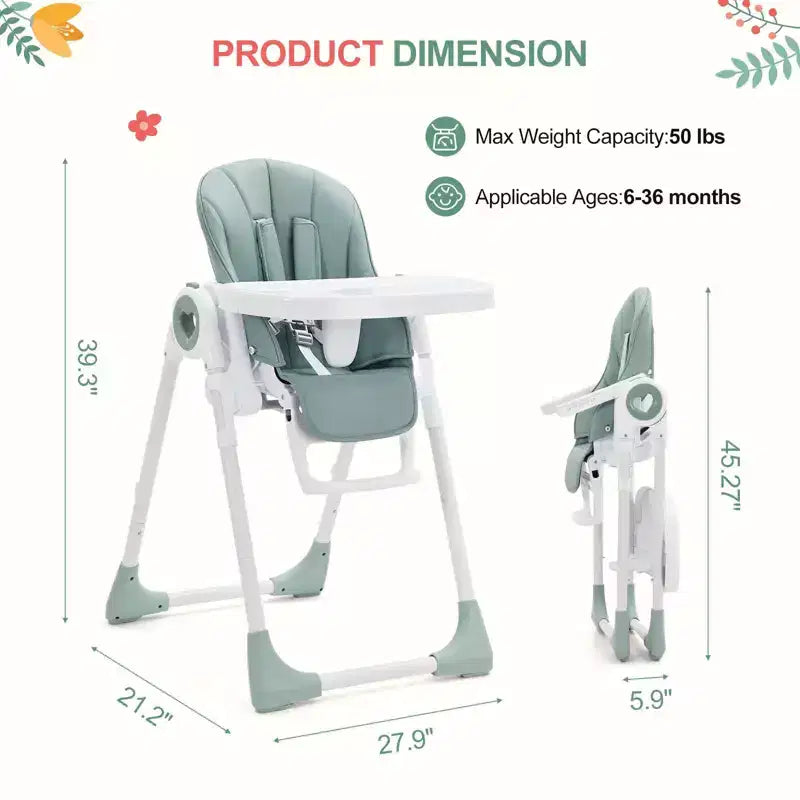 Chaises hautes Easy Clean pour bébés avec hauteur réglable, 5 positions d'inclinaison, double plateau amovible et harnais à 5 points