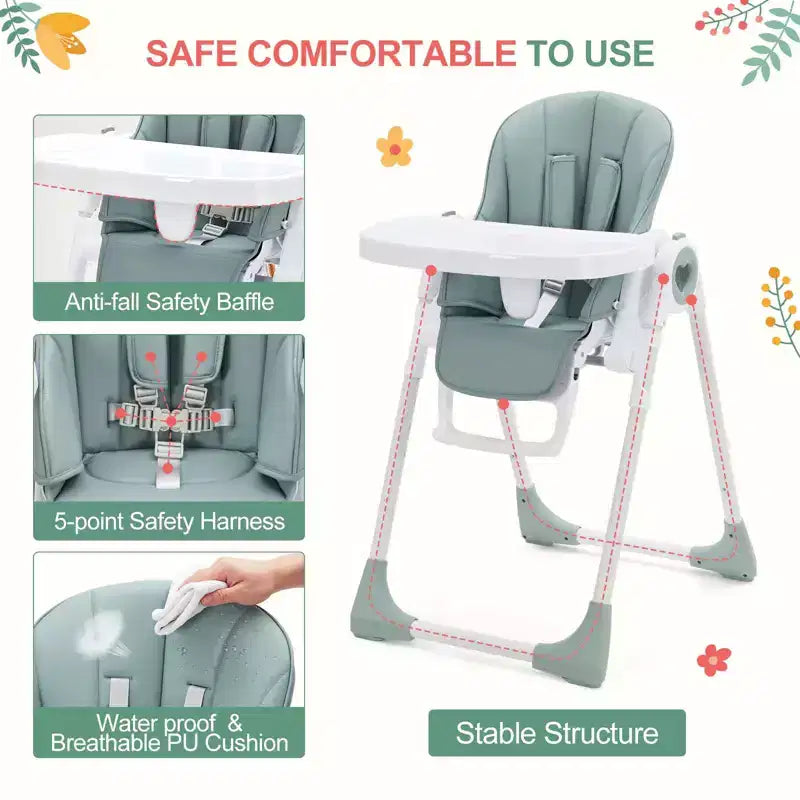 Chaises hautes Easy Clean pour bébés avec hauteur réglable, 5 positions d'inclinaison, double plateau amovible et harnais à 5 points