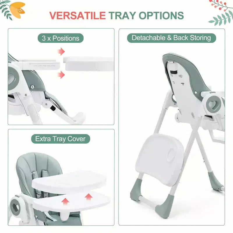 Chaises hautes Easy Clean pour bébés avec hauteur réglable, 5 positions d'inclinaison, double plateau amovible et harnais à 5 points