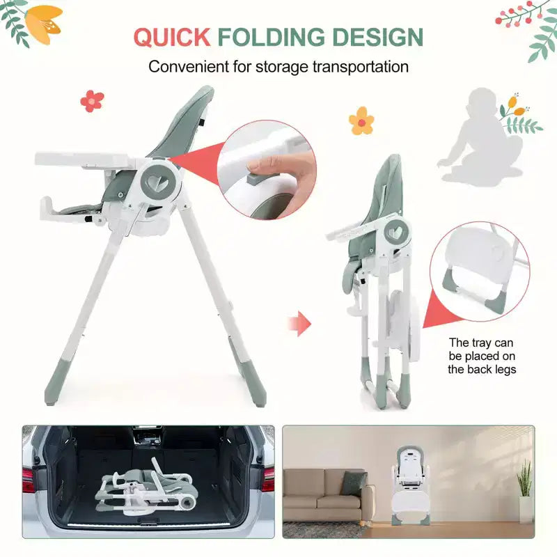 Chaises hautes Easy Clean pour bébés avec hauteur réglable, 5 positions d'inclinaison, double plateau amovible et harnais à 5 points