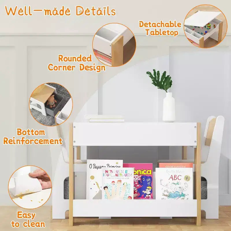 Ensemble table et chaises pour enfants - Table d'activités en bois 4-en-1 et 2 chaises, tiroir de rangement, plateau amovible, pour dessiner, lire, bricoler, faire de l'art, faire ses devoirs