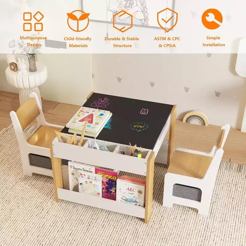 Ensemble table et chaises pour enfants - Table d'activités en bois 4-en-1 et 2 chaises, tiroir de rangement, plateau amovible, pour dessiner, lire, bricoler, faire de l'art, faire ses devoirs