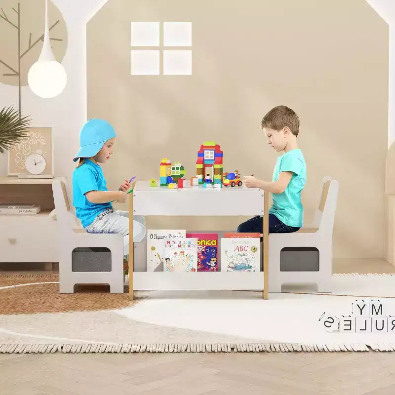 Ensemble table et chaises pour enfants - Table d'activités en bois 4-en-1 et 2 chaises, tiroir de rangement, plateau amovible, pour dessiner, lire, bricoler, faire de l'art, faire ses devoirs