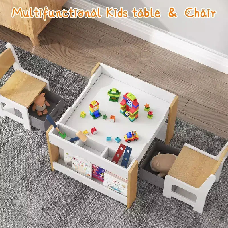 Ensemble table et chaises pour enfants - Table d'activités en bois 4-en-1 et 2 chaises, tiroir de rangement, plateau amovible, pour dessiner, lire, bricoler, faire de l'art, faire ses devoirs