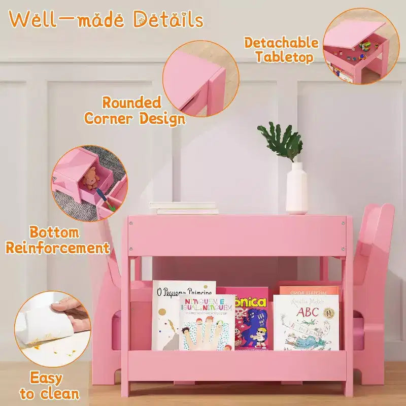 Ensemble table et chaises pour enfants - Table d'activités en bois 4-en-1 et 2 chaises, tiroir de rangement, plateau amovible, pour dessiner, lire, bricoler, faire de l'art, faire ses devoirs