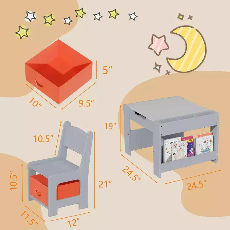Ensemble table et chaises pour enfants - Table d'activités en bois 4-en-1 et 2 chaises, tiroir de rangement, plateau amovible, pour dessiner, lire, bricoler, faire de l'art, faire ses devoirs