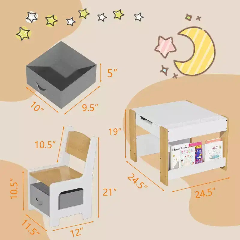 Ensemble table et chaises pour enfants - Table d'activités en bois 4-en-1 et 2 chaises, tiroir de rangement, plateau amovible, pour dessiner, lire, bricoler, faire de l'art, faire ses devoirs