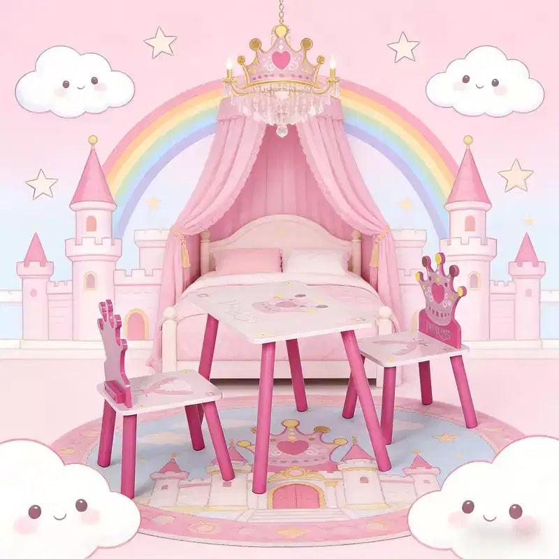 JVNOXK3-Piece Kids Wooden Table and Chair Set with Crown Pattern Gift for Girls Toddlers Arts Reading Writing Age 2-4 Years Pink