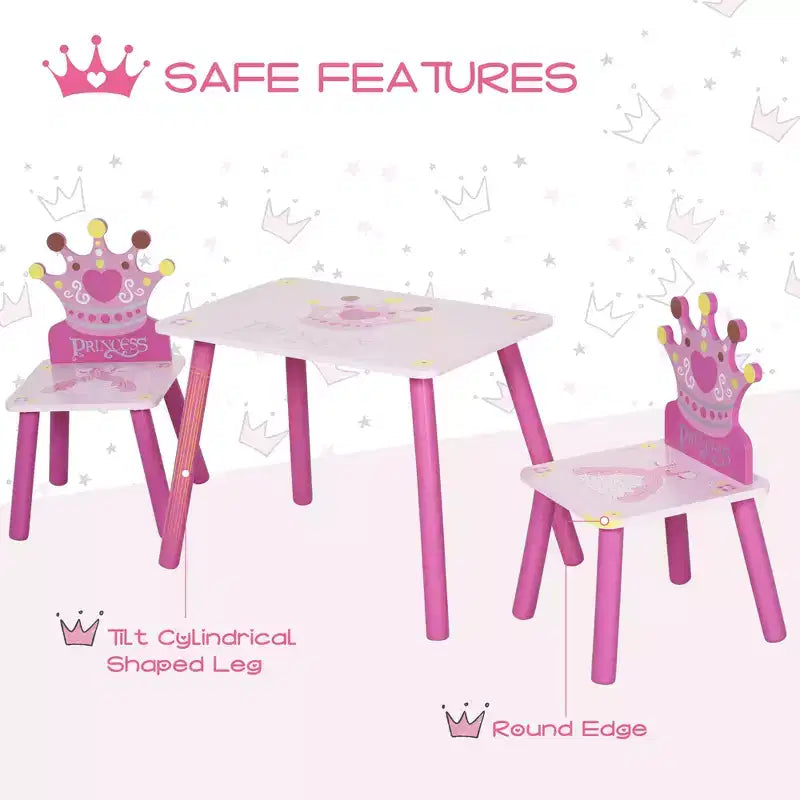 JVNOXK3-Ensemble Table et 2 Chaises en Bois pour Enfants avec Motif Couronne, Cadeau pour Filles, Tout-Petits, pour Dessin, Lecture, Écriture, Âge 2-4 Ans, Rose