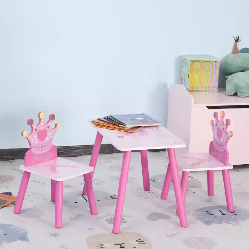 JVNOXK3-Ensemble Table et 2 Chaises en Bois pour Enfants avec Motif Couronne, Cadeau pour Filles, Tout-Petits, pour Dessin, Lecture, Écriture, Âge 2-4 Ans, Rose