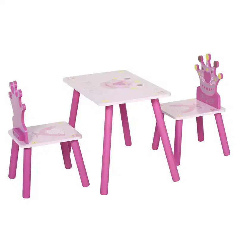 JVNOXK3-Ensemble Table et 2 Chaises en Bois pour Enfants avec Motif Couronne, Cadeau pour Filles, Tout-Petits, pour Dessin, Lecture, Écriture, Âge 2-4 Ans, Rose