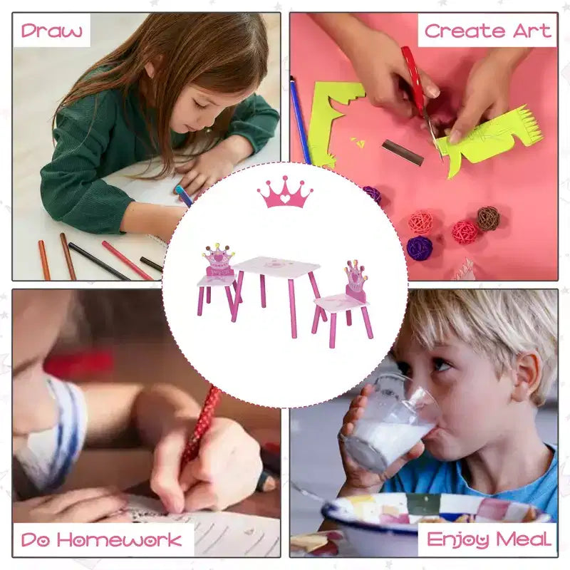 JVNOXK3-Ensemble Table et 2 Chaises en Bois pour Enfants avec Motif Couronne, Cadeau pour Filles, Tout-Petits, pour Dessin, Lecture, Écriture, Âge 2-4 Ans, Rose