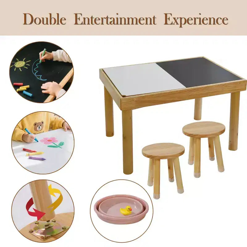 Table sensorielle pour tout-petits de 1 à 3 ans avec 2 chaises, ensemble de table et chaises d'activités pour enfants en bois avec planches double face pour jeux de sable et d'eau
