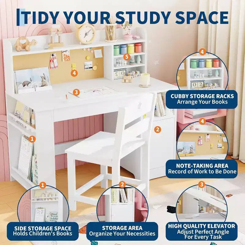 Ensemble bureau et chaise d'étude Garvee pour enfants avec rangement, bureau pour enfants avec huche et inclinable, pour la maison