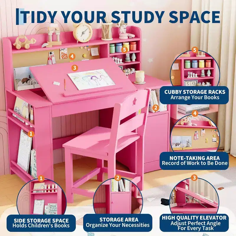 Ensemble bureau et chaise d'étude Garvee pour enfants avec rangement, bureau pour enfants avec huche et inclinable, pour la maison