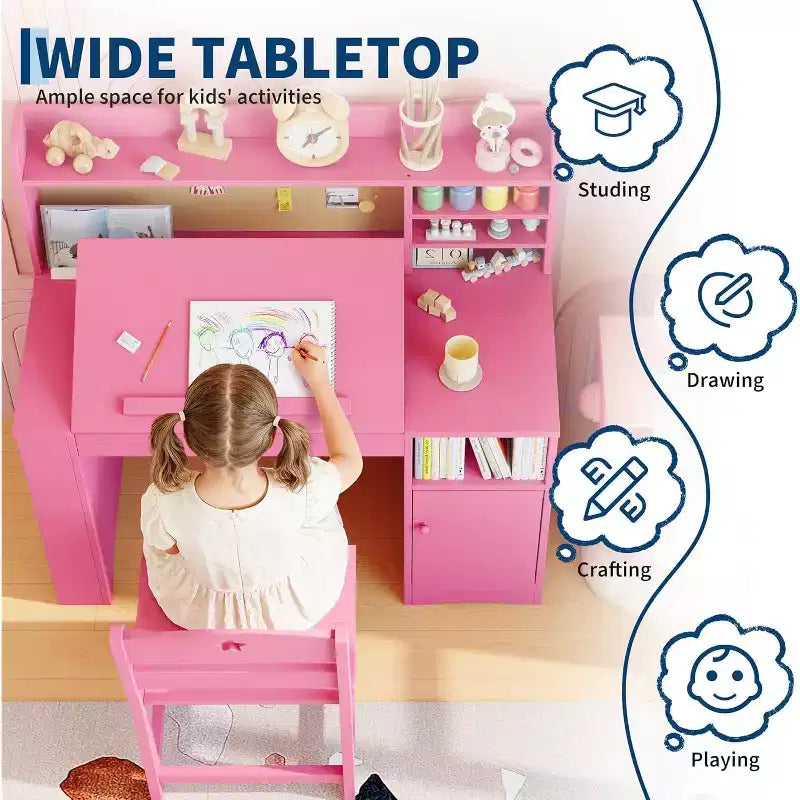 Ensemble bureau et chaise d'étude Garvee pour enfants avec rangement, bureau pour enfants avec huche et inclinable, pour la maison