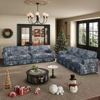 Blue Floral Oxford Fabric 3-Seat Sofa with Rolled Arms, 188 cm Wide