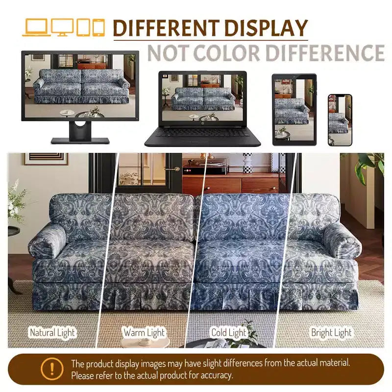 MAYEERTY 74 Canapé 3 places Cloud luxueusement confortable, Sofa en tissu Oxford avec accoudoirs roulés et jupe plissée motif floral bleu